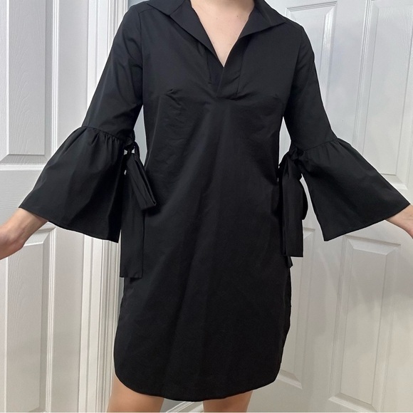 MONICA NERA Shirt Dress Tunic Black Minimalist Academia Tie Sleeve Size Small - Picture 2 of 7